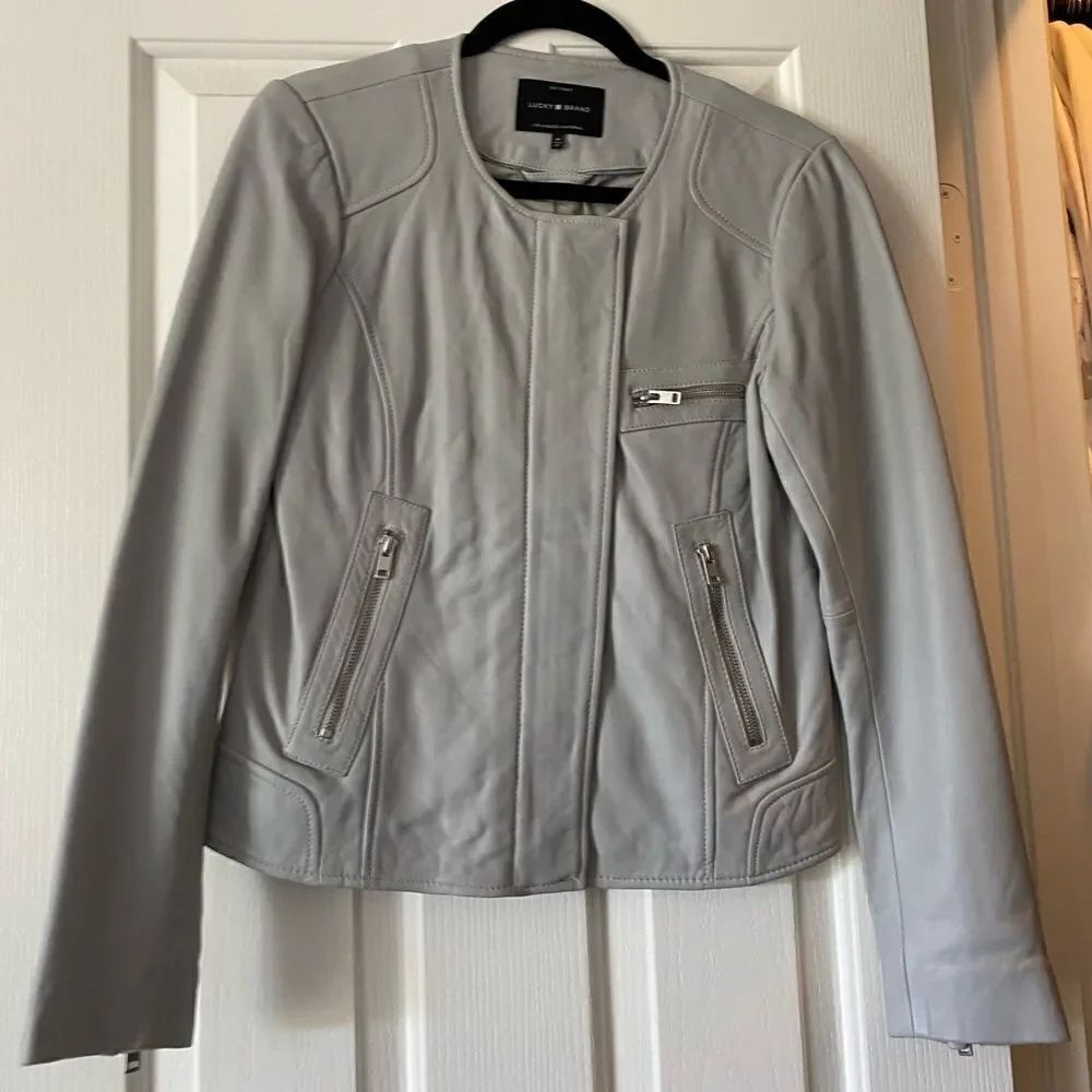 Lucky Brand 100% Lambskin Leather Jacket Gray Collarless Moto Style Women’s M